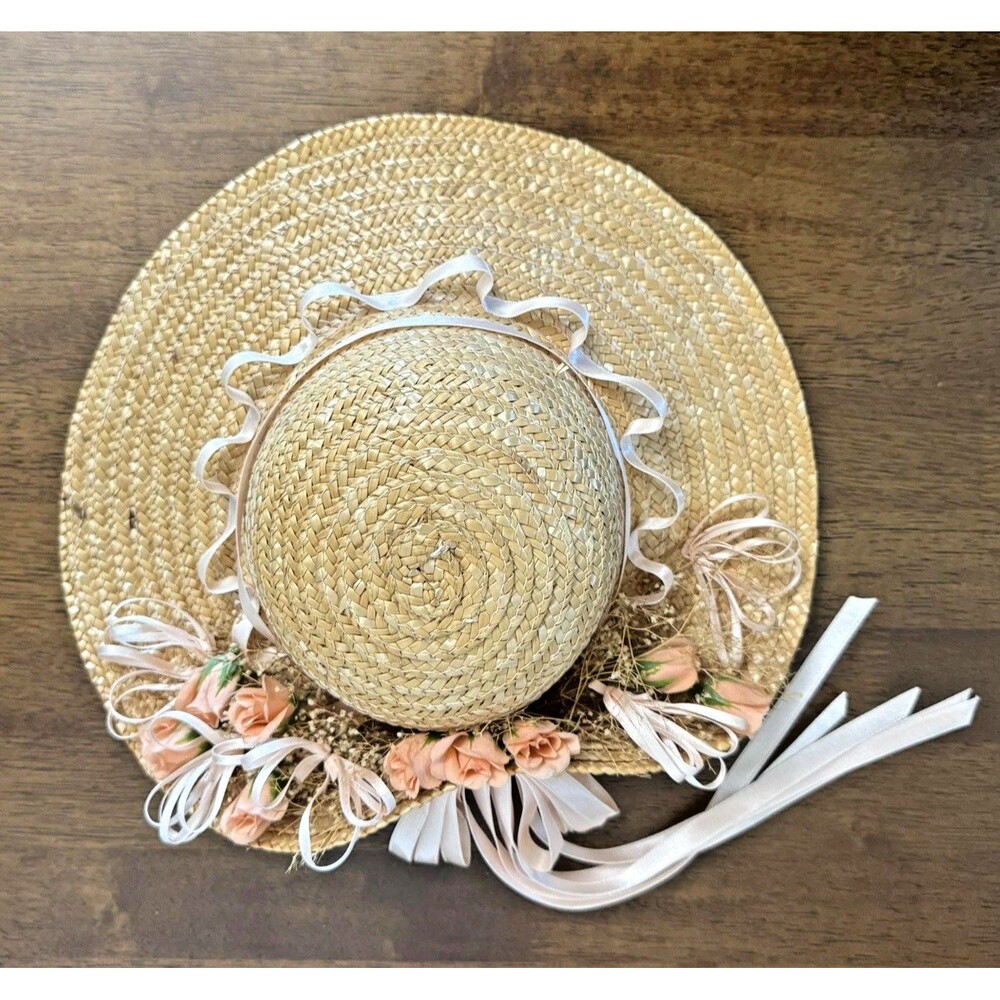 Straw Hat with Peach Flowers, Ribbons Grannycore Cottagecore Wall Decor - Picture 5 of 10